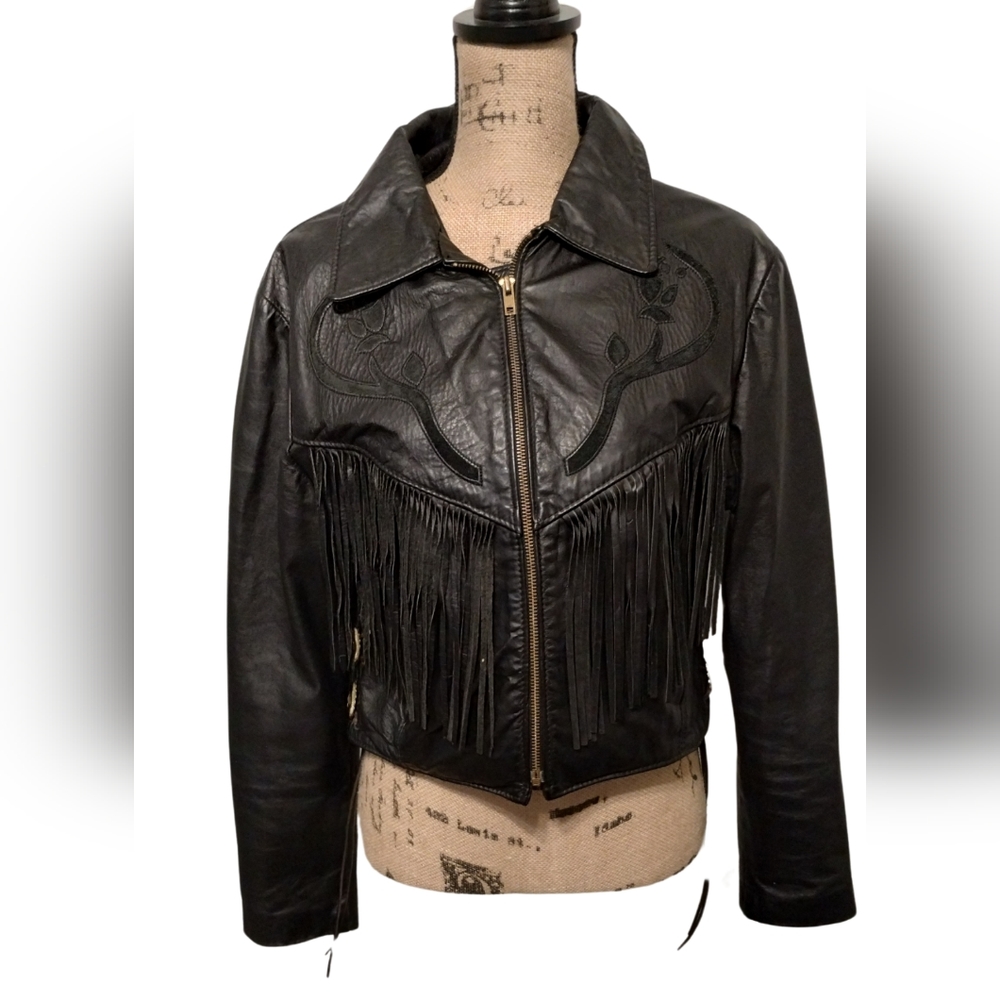 Black Leather Fringe Jacket - fits more like an XL 12/14
